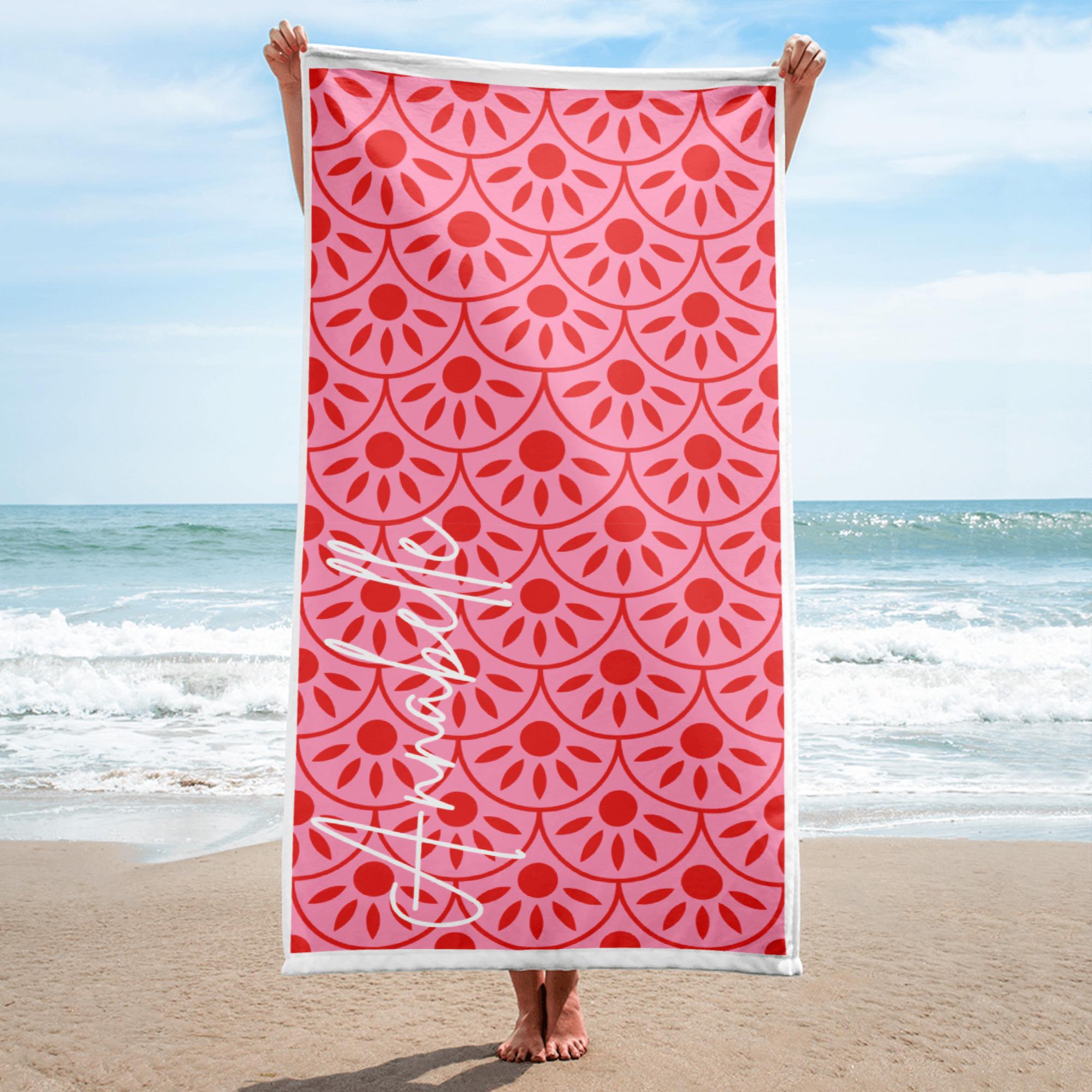 Personalized Pink Beach Towel with Custom Name – Aesthetic Summer Towel for Women, Girls & Teens – Cute Pool, Beach, Travel or Vacation Gift