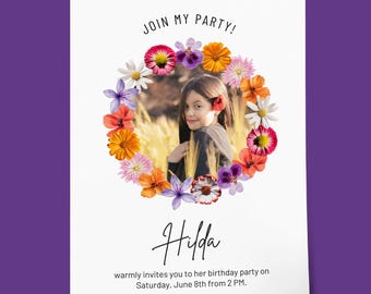 Wildflower Photo Birthday Invitation: Editable Canva Template (Digital Download)