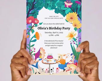 Könnte beinhalten: Eine farbenfrohe Einladung zu Olivias Geburtstagsparty am 12. April 2025, von 12:00 bis 16:00 Uhr. Das Design zeigt ein Alice im Wunderland-Thema mit floralen und skurrilen Illustrationen. Die Einladung wird von zwei Händen gehalten.