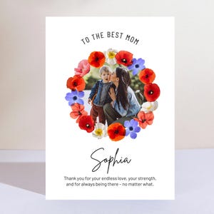 Cartão personalizado para o Dia das Mães com foto – Modelo floral DIY Canva – Cartão para impressão para mãe ou avó
