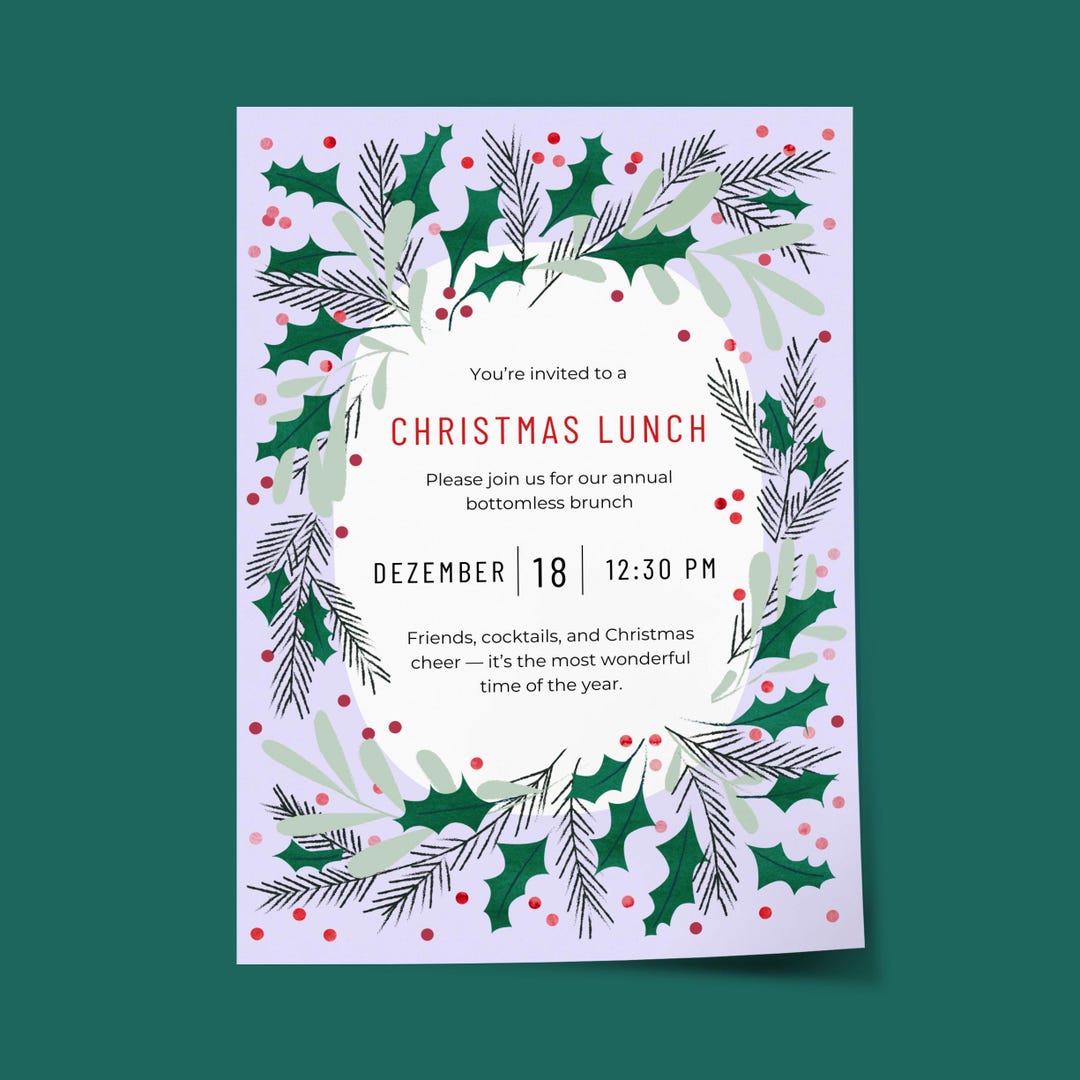 Christmas Lunch Invitation Template Festive Holly Wreath (editable in