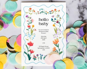 Floral Hallo Baby Invitation | Floral Invitation Template | Floral Editable Baby Party Invite | Fully Editable Canva-Template | Printable