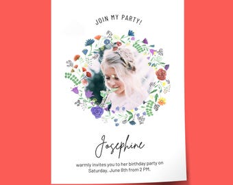 May include: White invitation card with a photo of a young person surrounded by a floral wreath. The text "JOIN MY PARTY!" is at the top, with "Josephine" in cursive below the photo. The invitation is for a birthday party on June 8th at 2 PM.