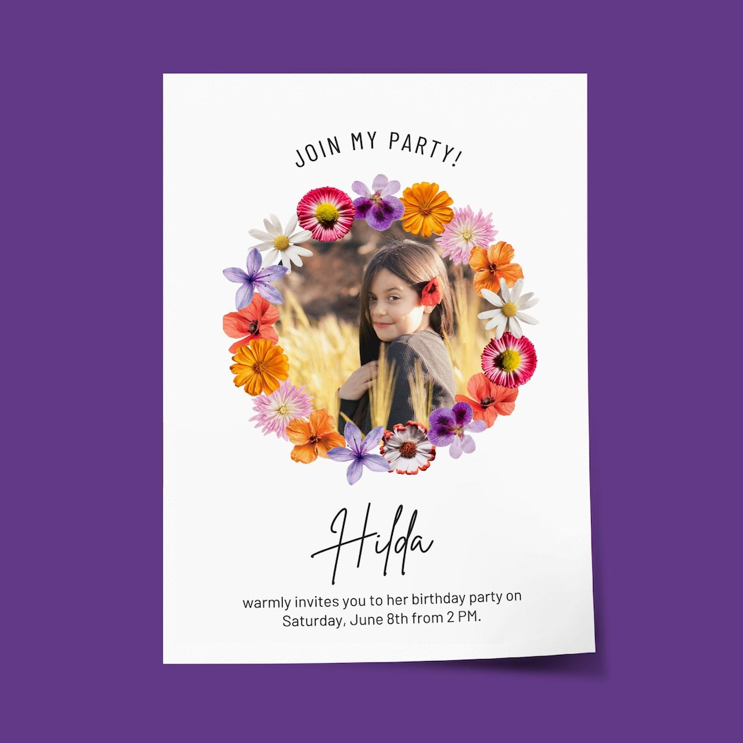 Wildflower Photo Birthday Invitation: Editable Canva Template (digital ...