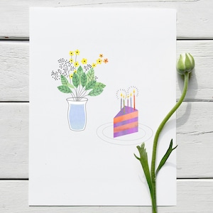 Happy Birthday Flowers & Cake – Art Print and Greeting Card | Printable Digital Download | Floral Birthday Design