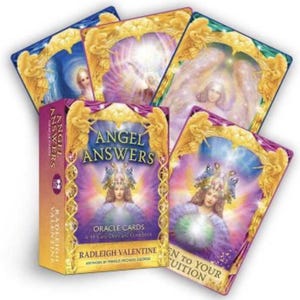 May include: A deck of Angel Answers oracle cards by Radleigh Valentine, featuring a box and several cards with illustrations of winged figures, golden ornate borders, and purple and gold colour schemes with text.