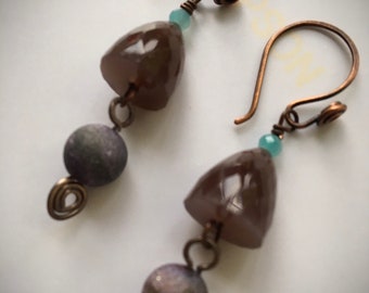 Chocolate Moonstone, Plum Druzy Agate, Blue Fluorite dangle earrings with hammered copper earwires