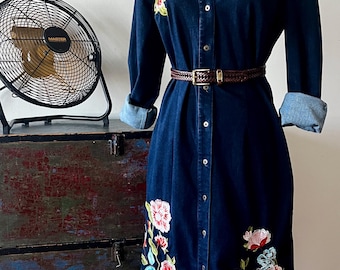 Stretch Denim Dress with Floral Embroidery Size M