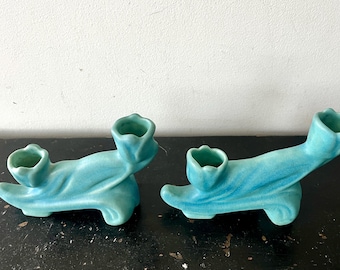 Van Briggle Candleholders, mid century ceramics, signed.