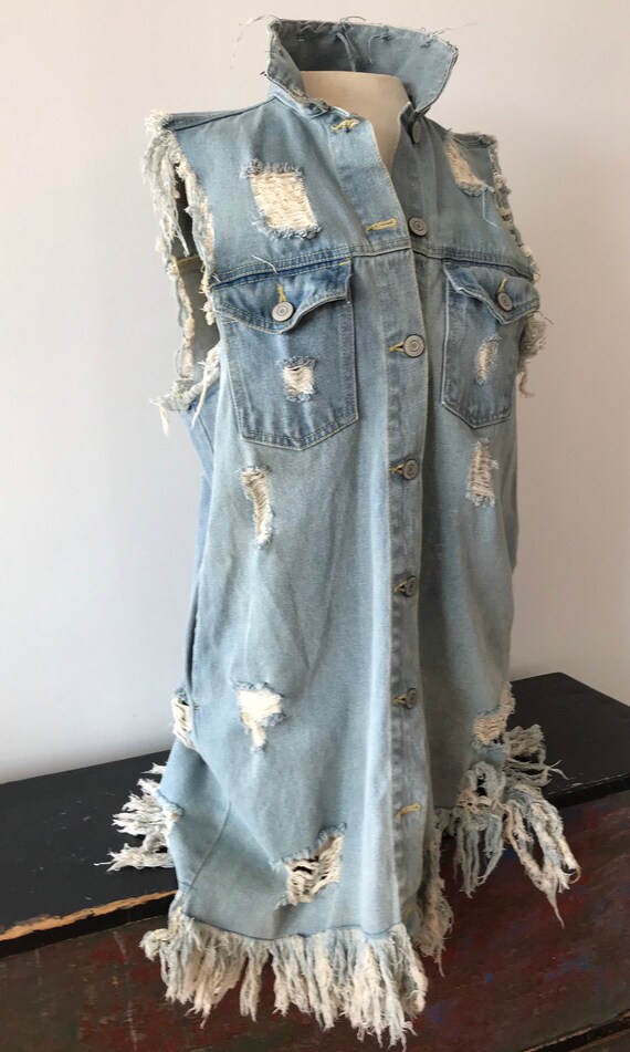 Distressed Long Denim Vest