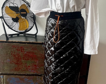 Quilted puffer pencil MIDI Skirt, Size S  Shiny Black
