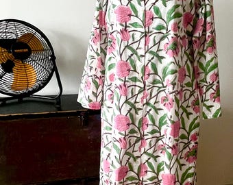 Cotton Button Down Floral Maxi  Caftan/Dress - Block Print-Size M.