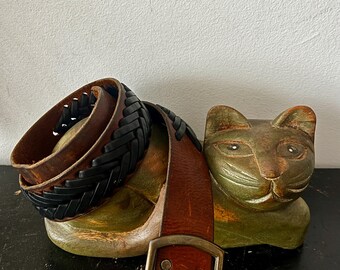 Vintage, distressed, leather belt with contrasting woven decoration and brass buckle, Size M