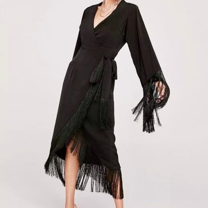 Nasty Gal Long Sleeve Black Satin Wrap Dress With Fringe, Size 12 - Etsy