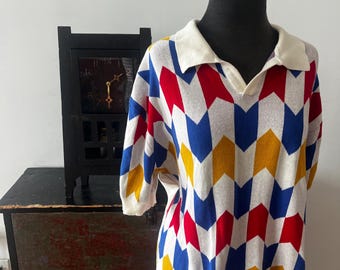 Geometric  60s style Knit Cardigan/Shirt/ Sweater, Oversized Size L (Men’s)
