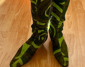 Vintage Sigerson Morrison Green Velvet Swirl Boots, 1960s Style, Size 7