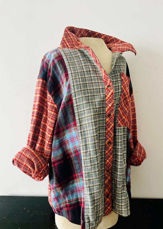 Arizona Multicolor Patchwork Thick Flannel Button… - image 4