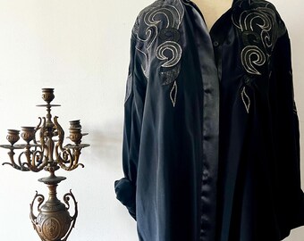1980s Vintage Suzelle  Black Silk Button Down Shirt, Long Sleeve. Size 10