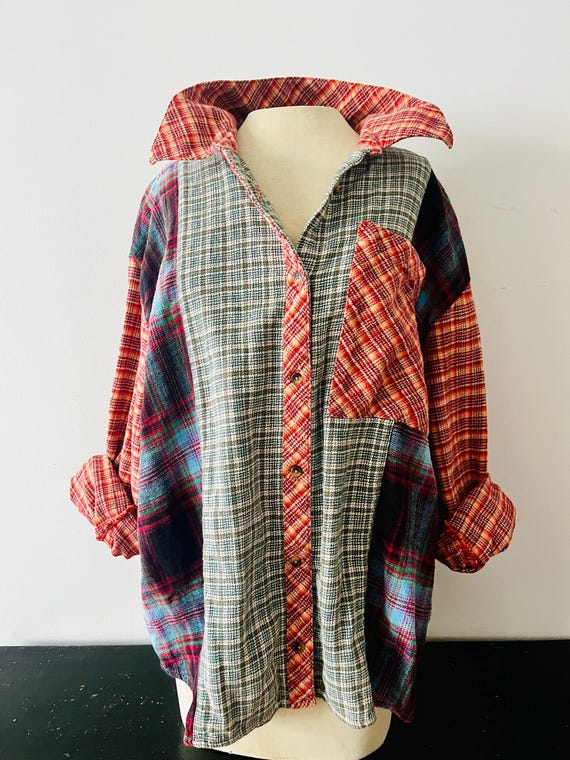 Arizona Multicolor Patchwork Thick Flannel Button… - image 2