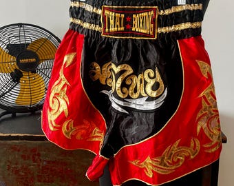 Red and Gold Satin Thai Boxing Shorts Size L