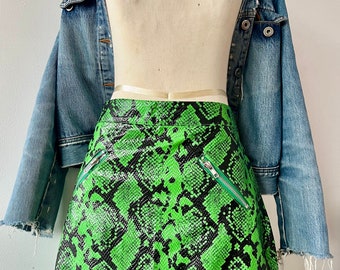 Mini Skirt, Faux Leather, Snake Print - Green, Size Small