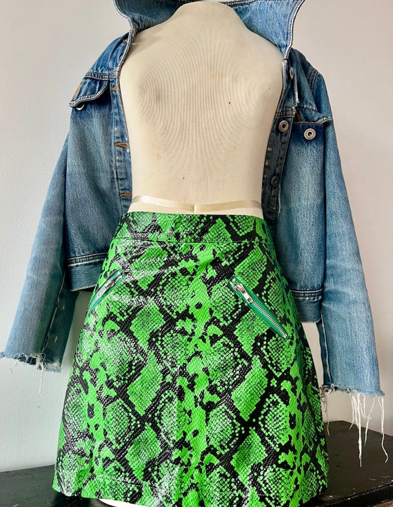 Mini Skirt, Faux Leather, Snake Print - Green, Size Small