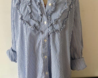 JCrew  blue pin stripe ruffle button down Size XL