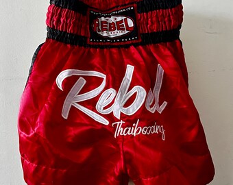 Pair of Rebel,  Red Satin Thai Boxing Shorts Size M/L