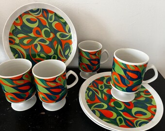 Vintage Schirnding Bavaria Luncheon Set, Danish Modern, Red Black