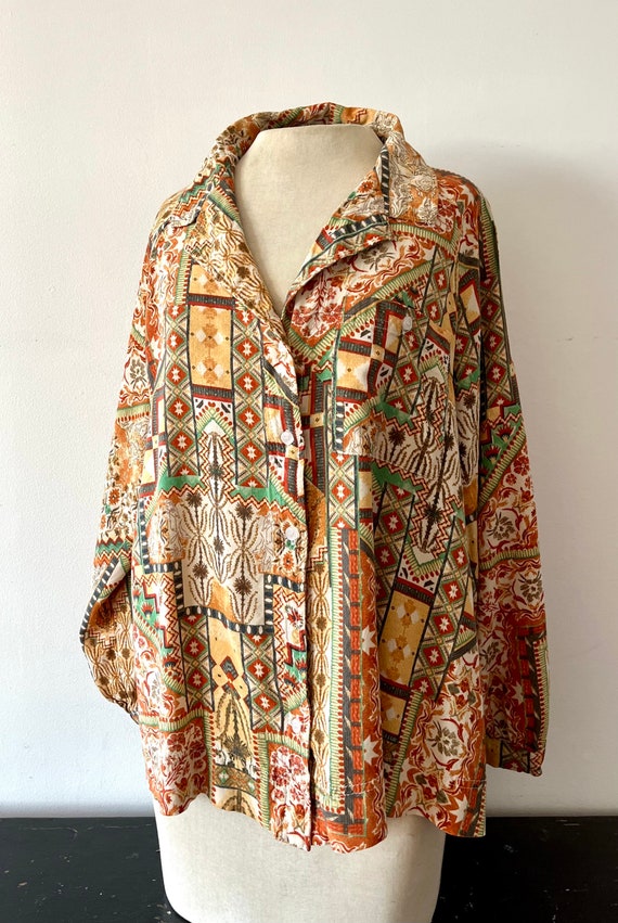 Asymmetrical, Tribal Pattern Button Down,  Long S… - image 1