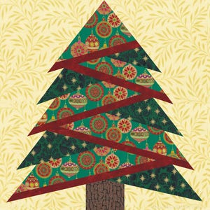 May include: A green Christmas tree made of fabric with red ribbon accents and a brown trunk. The tree is decorated with colorful ornaments.