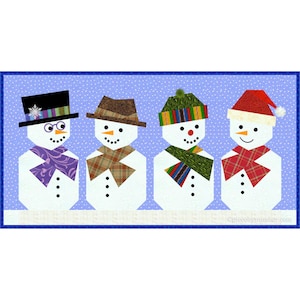 May include: A whimsical illustration features four snowmen with unique hats and scarves. Each snowman has a distinct expression and is adorned with a top hat, fedora, striped beanie, and Santa hat. The snowmen are set against a light blue background.