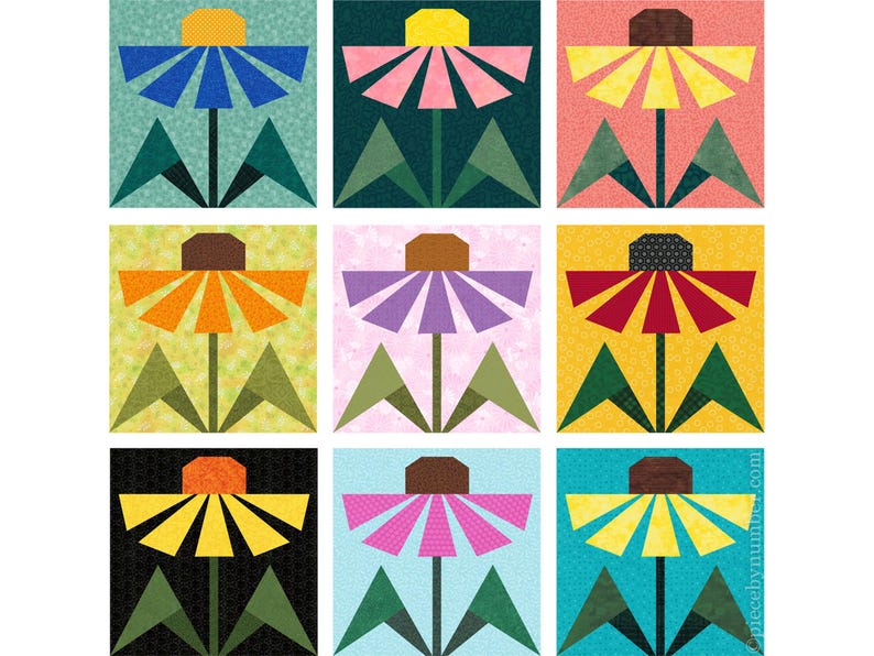 Black-eyed Susan, paper piecing flower quilt block pattern, PDF download, 6 & 12 inch, resizable, foundation piecing FPP.  The image shows the Black-Eyed Susan quilt block in a selection of 9 different possible color schemes, with different colors of petals, centers, leaves and backgrounds.