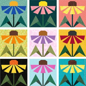 May include: A grid of nine square quilt blocks featuring stylized flower designs in various colors including blue, pink, yellow, orange, purple, red, and black. Each block displays a central flower with a stem and two leaves. Text reads piecebynumber.com.
