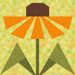 Black-eyed Susan, paper piecing flower quilt block pattern, PDF download, 6 & 12 inch, resizable, foundation piecing FPP.  The image shows one possible color scheme for the Black-Eyed Susan quilt block, with golden-orange petals, dark brown center and olive green leaves on a light yellow-green background.