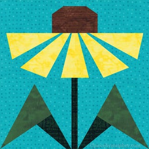 Black-eyed Susan, paper piecing flower quilt block pattern, PDF download, 6 & 12 inch, resizable, foundation piecing FPP.  The image shows one possible color scheme for the Black-Eyed Susan quilt block with yellow petals, brown center, and dark green leaves on a turquoise background.