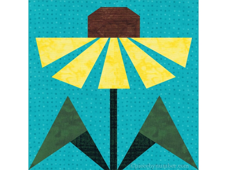 Black-eyed Susan, paper piecing flower quilt block pattern, PDF download, 6 & 12 inch, resizable, foundation piecing FPP.  The image shows one possible color scheme for the Black-Eyed Susan quilt block with yellow petals, brown center, and dark green leaves on a turquoise background.