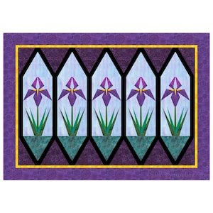 Stained Glass Irises, paper pieced wall hanging quilt pattern PDF, 30 x 42 in, foundation piecing FPP