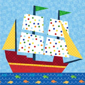 May include: A colorful illustration of a sailboat with red hull, yellow and white sails, and green flags. The sails are decorated with polka dots in various colors. The boat sails on blue water with fish.