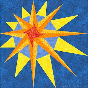 May include: A vibrant quilt block with a starburst pattern. The star is composed of orange and yellow segments, with a red central area, set against a blue backdrop. The design is geometric and striking, suitable for quilting.