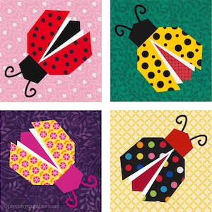 Modello di blocco per quilt patchwork di coccinelle, download PDF, blocchi da 6 e 12 pollici, ridimensionabili, patchwork di fondazione FPP