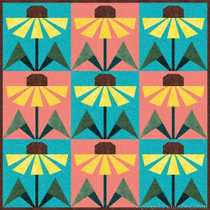 Black-eyed Susan, paper piecing flower quilt block pattern, PDF download, 6 & 12 inch, resizable, foundation piecing FPP.  The image shows one quilt layout suggestion for using the Black-Eyed Susan quilt block, showing 9 yellow flowers with brown centers on alternating turquoise or orange-pink backgrounds, arranged in 3 rows of 3 columns.