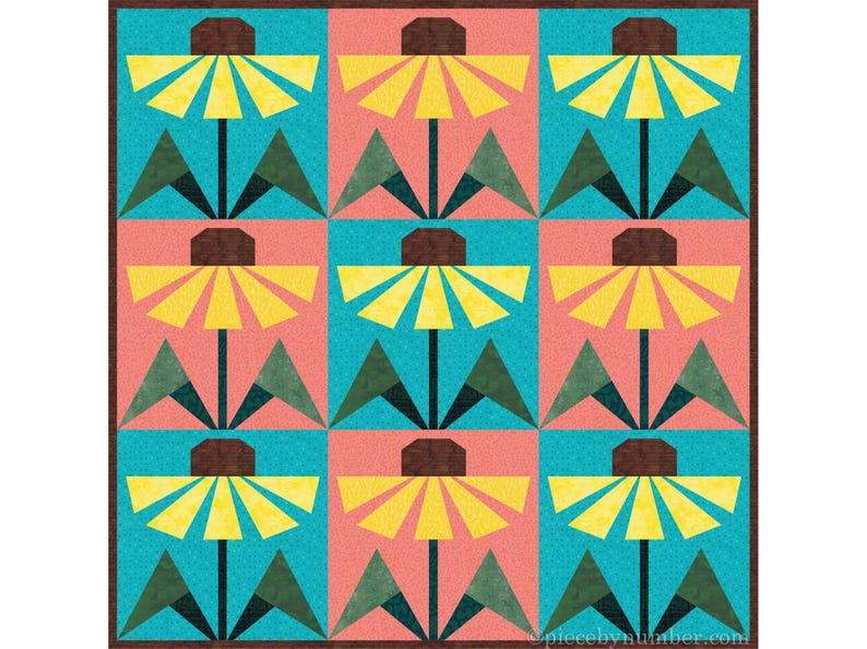 Black-eyed Susan, paper piecing flower quilt block pattern, PDF download, 6 & 12 inch, resizable, foundation piecing FPP.  The image shows one quilt layout suggestion for using the Black-Eyed Susan quilt block, showing 9 yellow flowers with brown centers on alternating turquoise or orange-pink backgrounds, arranged in 3 rows of 3 columns.