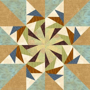 May include: A geometric quilt block with a starburst pattern in shades of brown, green, blue, and cream. The fabric has a variety of textures and patterns, including floral, wave, and dot designs.