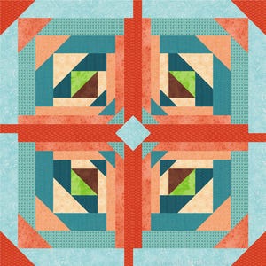 May include: A geometric quilt block design featuring squares and triangles in shades of teal, orange, brown, and green. The design has a central cross shape with a diamond in the middle. The quilt block is a patchwork design.