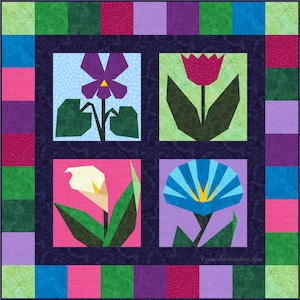 Set of 4 Paper Pieced Flower Quilt Block Patterns, PDF download, 6 and 12 inch blocks, resizable, foundation piecing FPP