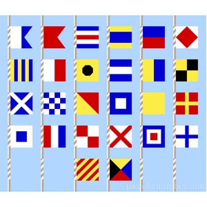 May include: A set of 20 nautical signal flags, each with a different color and pattern, hanging on a blue background. The flags are arranged in four rows of five flags each. The flags are used to communicate messages at sea.