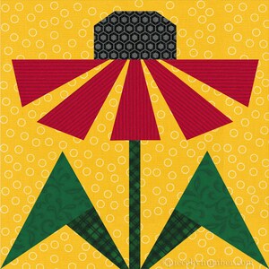 Black-eyed Susan, paper piecing flower quilt block pattern, PDF download, 6 & 12 inch, resizable, foundation piecing FPP.  The image shows one possible color scheme for the Black-Eyed Susan quilt block, with red petals, black center and dark green leaves on a yellow-orange background.