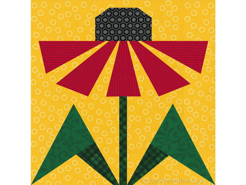 Black-eyed Susan, paper piecing flower quilt block pattern, PDF download, 6 & 12 inch, resizable, foundation piecing FPP.  The image shows one possible color scheme for the Black-Eyed Susan quilt block, with red petals, black center and dark green leaves on a yellow-orange background.