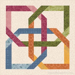 May include: A colorful quilt block featuring an interwoven design. The block showcases rectangles in shades of pink, blue, green, orange, and yellow, set against a cream background with a subtle floral pattern. The design creates a visually engaging, geometric pattern.